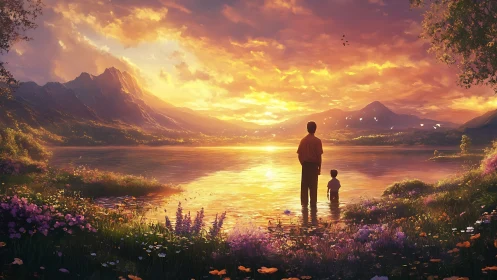 Warm sunset moment by the lake with parent and child.