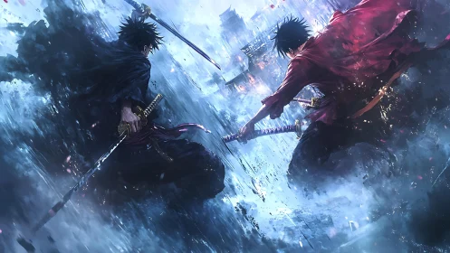 Dual katana collision in storm driven vertical cityscape duel.