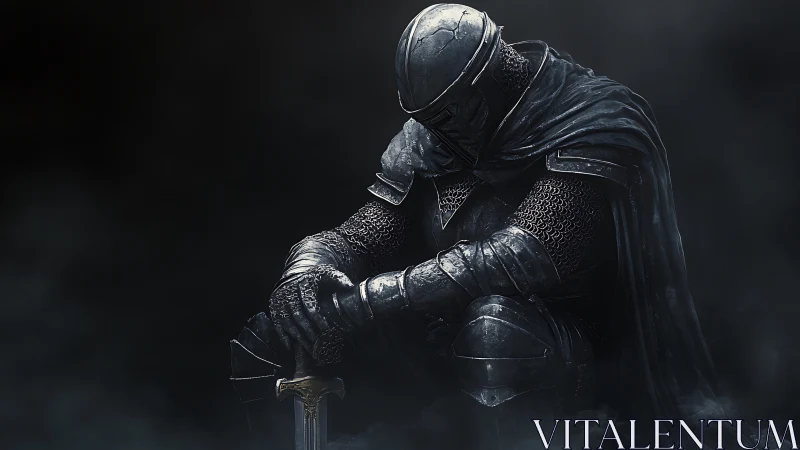 Armored knight rests in shadowed fog with sword grounded