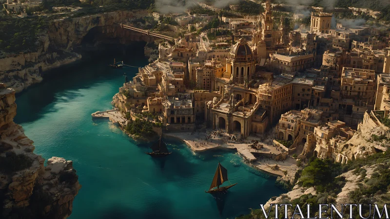 Coastal fantasy city with domed palace above turquoise bay.