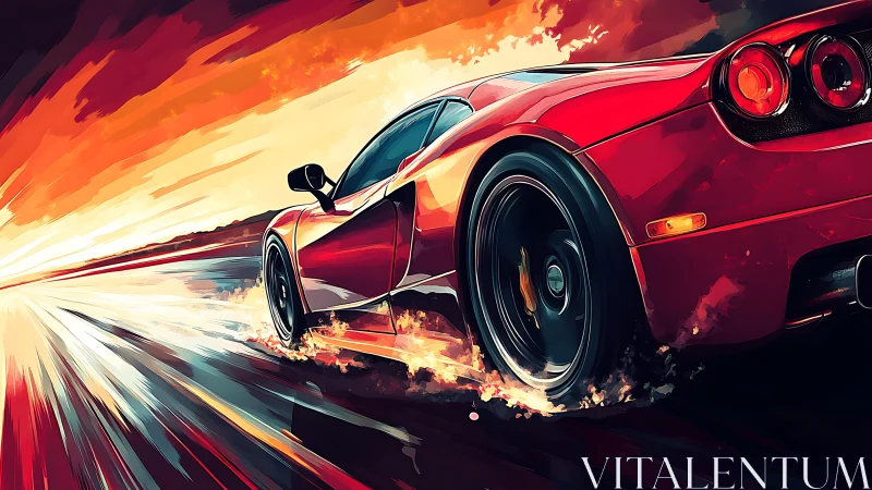 Red supercar slices neon sunset highway at max speed.
