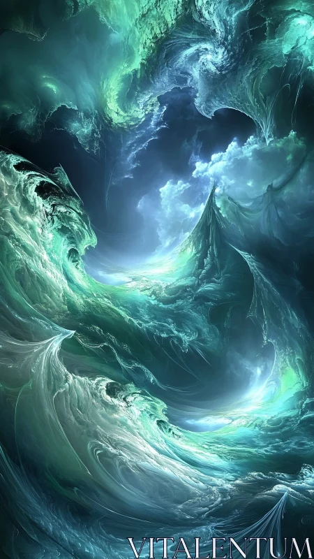 Celestial turquoise storm swirls above an ethereal ocean sky.