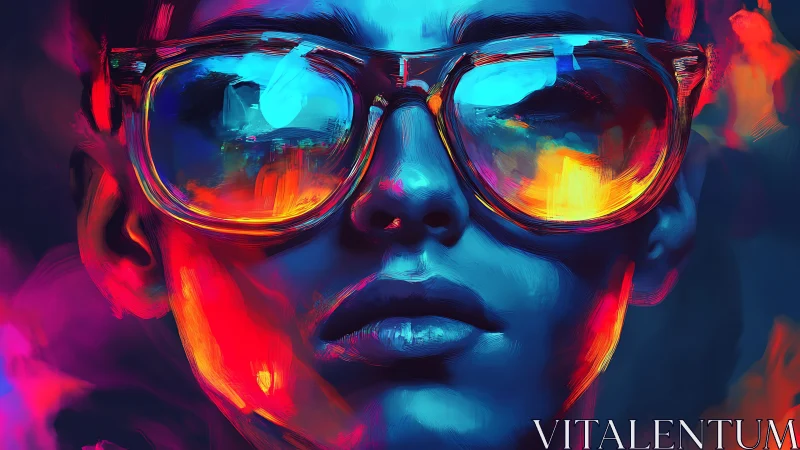 Neon-lit portrait with reflective sunglasses and bold hues.
