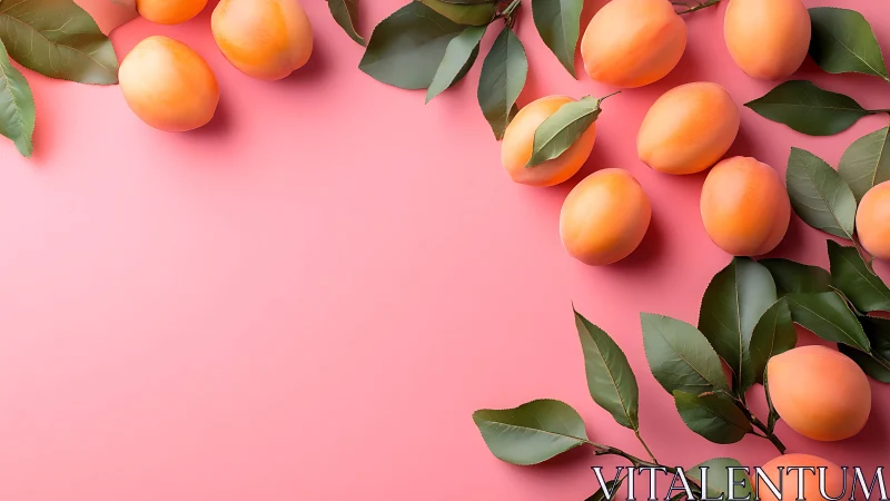 Ripe apricots and green leaves on pastel pink background layout.