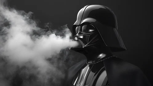 Specular black helmet emitting volumetric vapor plume profile.