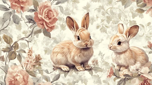 Gentle garden bunnies nestled among dreamy vintage blooms.