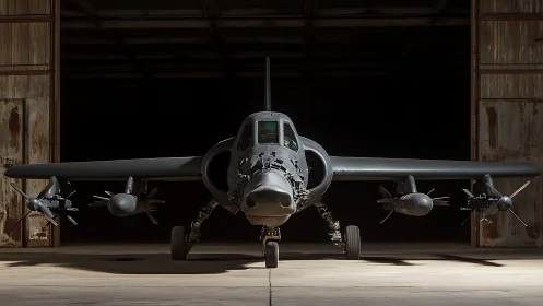 Front-on tactical attack aircraft in hangar, armed and shadowed