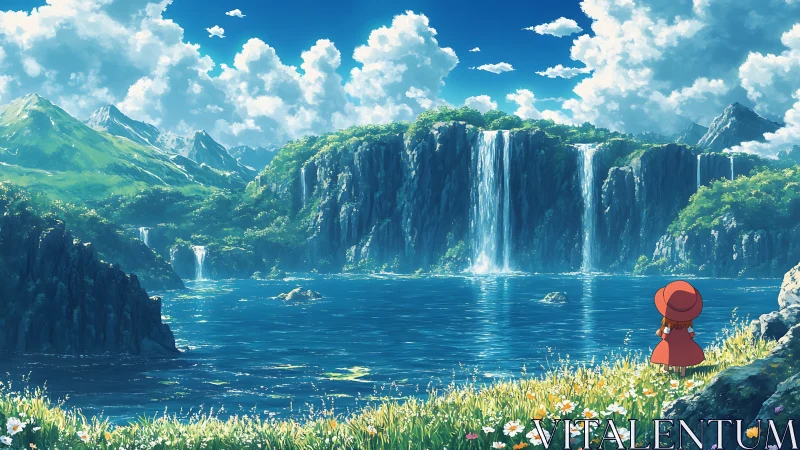 Girl in red coat watching vast waterfall lake landscape.