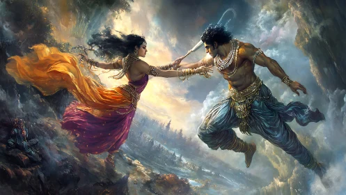 Mythic duel between airborne figures in turbulent landscape.