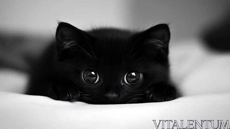 Black Cat Peering Over White Surface with Intense Gaze.