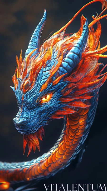 Blue and orange serpentine dragon with flaming crest.