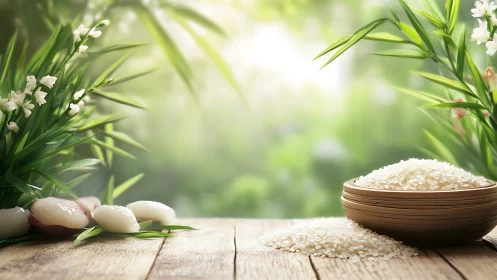 Serene spa still life with rice bowl and tropical fruits.