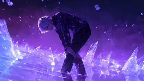 Digital painting of lone figure on crystalline frozen void.