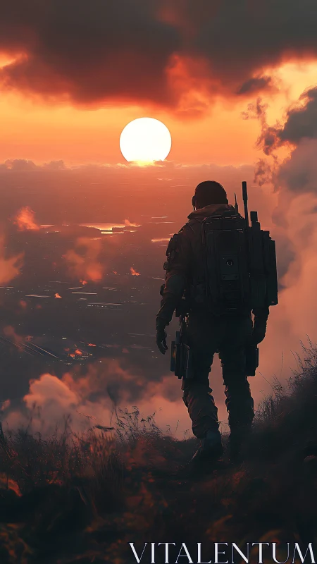 Solitary armored scout overlooking blazing sunset horizon.