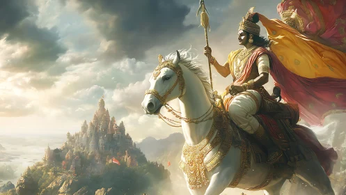 Mythic cavalry rider surveying fortified temple metropolis skyline.