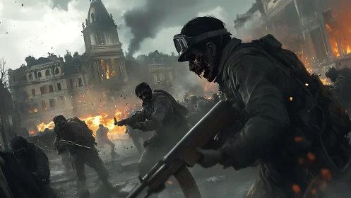 Zombie soldiers charge through burning war-torn city streets.