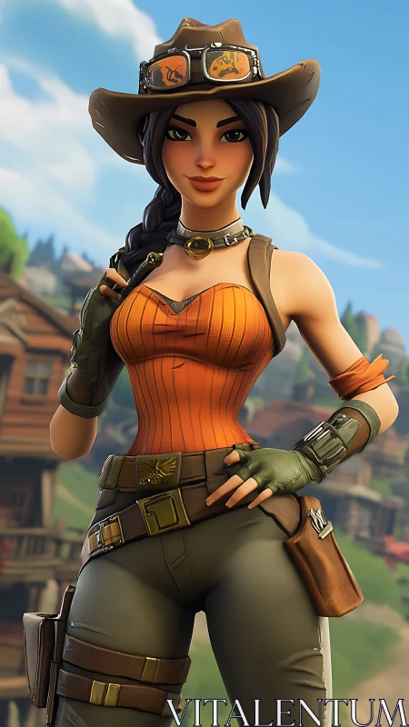 Cowgirl explorer grins while scouting a sunlit frontier town