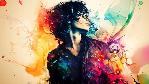 Vibrant digital portrait explodes with color and motion around figure