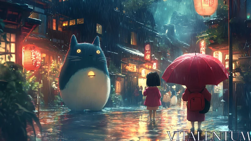 Childlike wanderers meet a glowing forest spirit in rainy alley