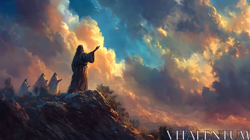Prophet on rocky hill beneath vast dramatic sunset sky.