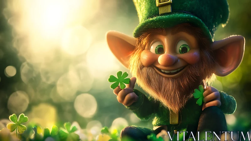 3D leprechaun character with shamrocks under high-key bokeh light
