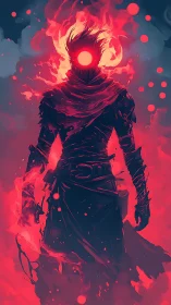 Fiery spectral warrior strides through swirling crimson flame