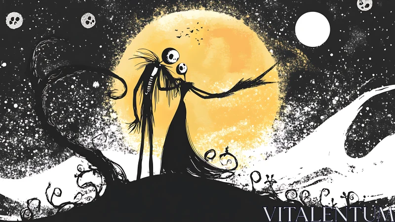 Skeleton couple stands before large yellow moon in stylized night