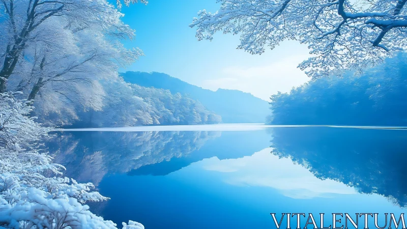 Snow covered lakeside forest reflected in calm water.
