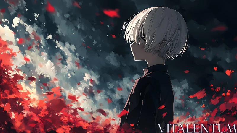 Side-lit youth amid red particulate storm under turbulent sky.