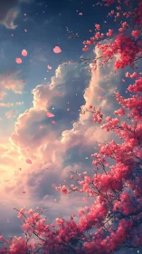 Cherry blossoms drift across radiant sunset clouds.