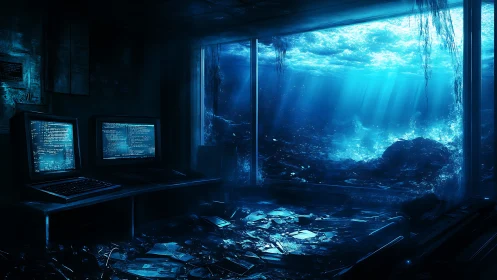 Underwater hacker lab glows with flooded neon ruins.