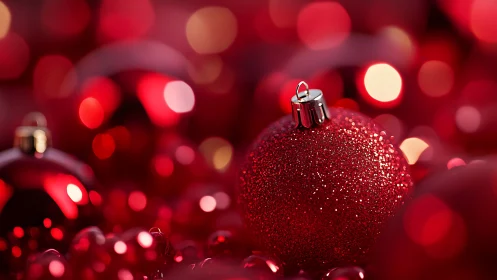 Red Christmas bauble amid glowing festive bokeh lights.