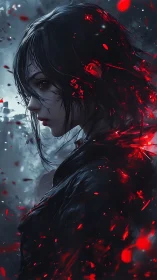 Profile portrait of dark figure with red energy fragments.