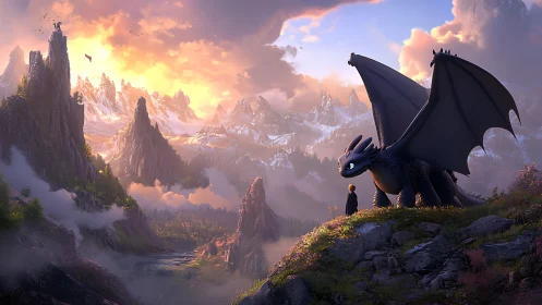 Dragon and rider survey luminous alpine valley at sunrise