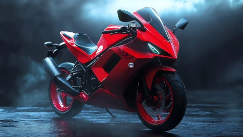 Angular red superbike under misty blue cinematic lighting.