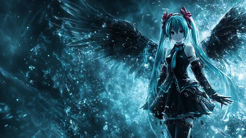 Celestial teal-winged cyber idol amid crystalline turbulence.