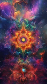 Celestial mandala blooms in cascading cosmic firelight.