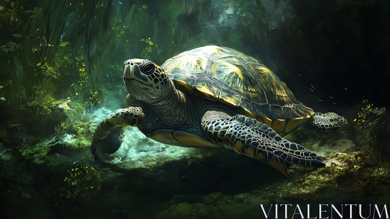 Sea turtle glides through emerald-lit underwater forest.