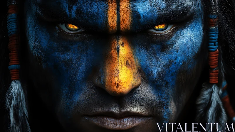 Close portrait of painted warrior with blue and orange markings.