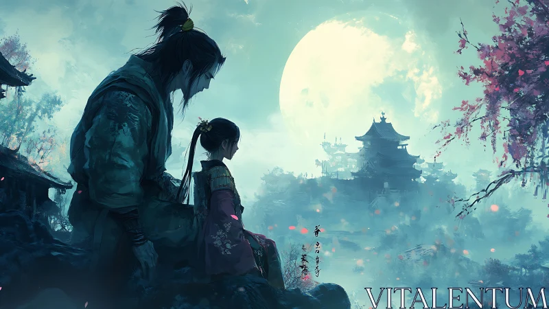 Warrior and child overlooking moonlit misty Jiangnan temples