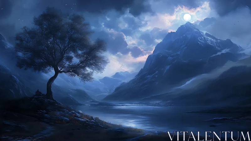 Moonlit mountain lake and solitary tree in quiet blue dusk.