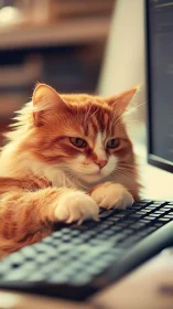 Orange Tabby Cat Focused at Computer Desk