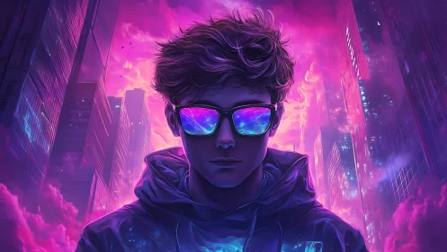 Neon city dreamer gazes through glowing cosmic glasses