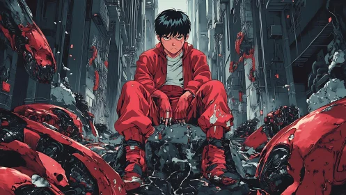 Neo-urban juvenile amid biomech wreckage in axial alleyway.