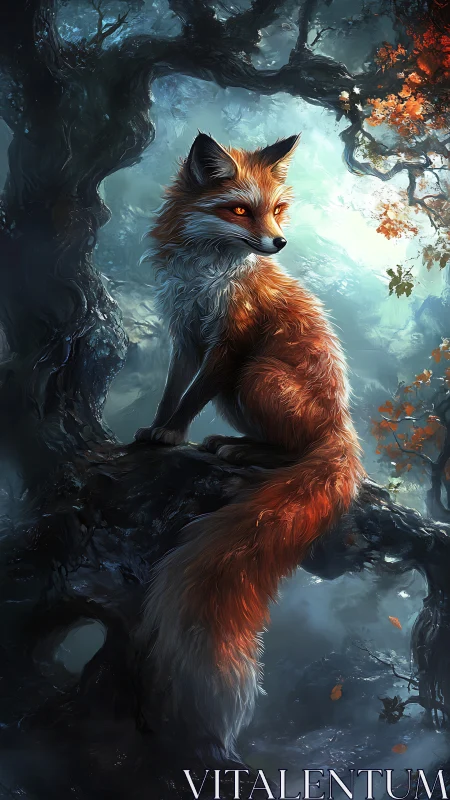 Mystic red fox poised on twisted forest branch at dawn.