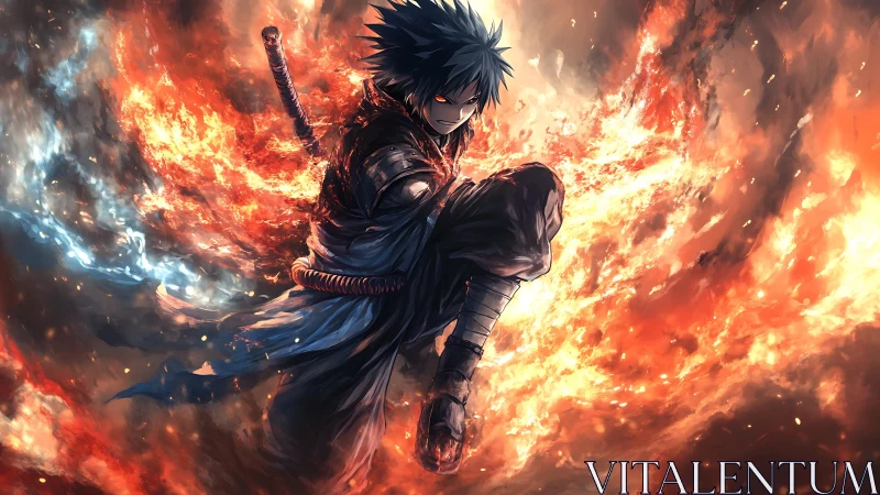 Flame‑wreathed anime warrior leaping through blazing vortex.