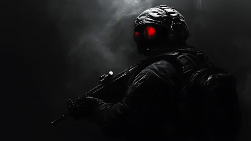 Shadow soldier with burning red goggles haunts the smoke.