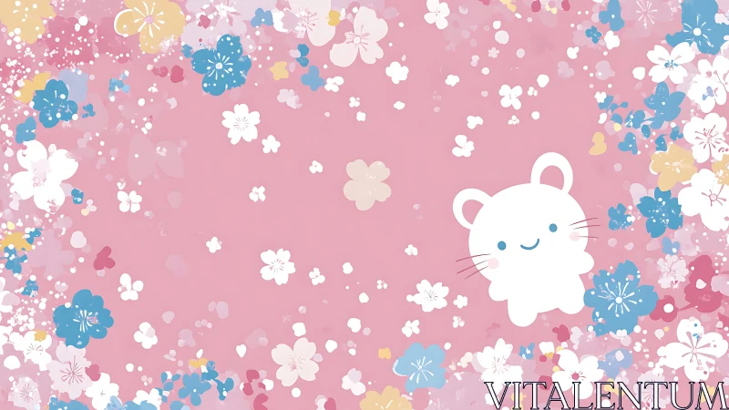 Kawaii white mouse character floats amid pastel floral frame