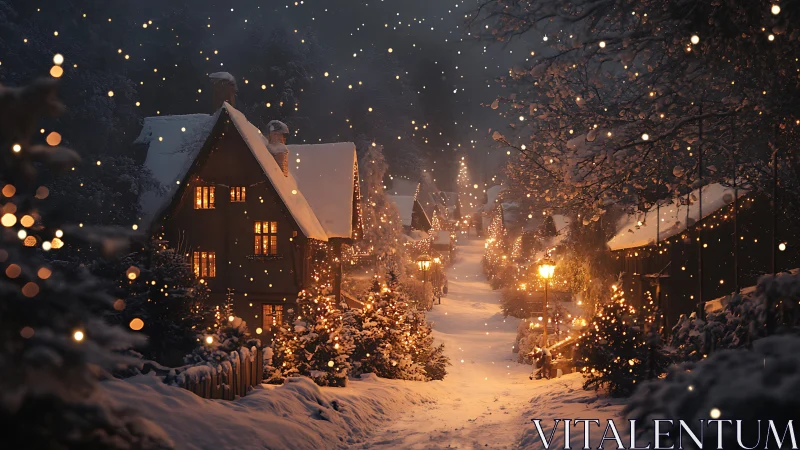 Snowy village street glows under warm festive lanterns.