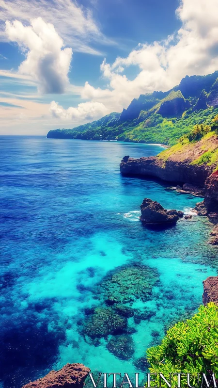 Tropical sea cliffs with vivid cyan shallows and clouds.